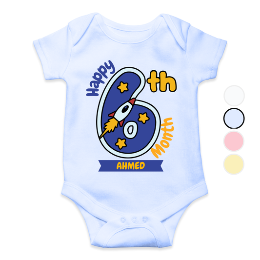 6th Month Milestone Blue Rocket| Custom Name Baby Romper