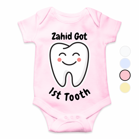 Got My 1st Tooth White Custom name Baby Romper