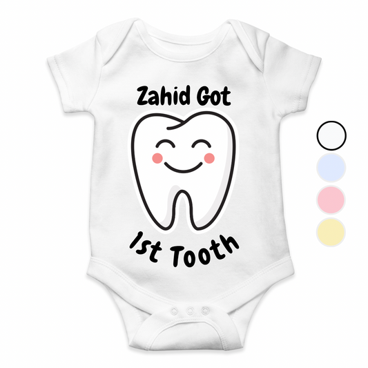 Got My 1st Tooth White Custom name Baby Romper