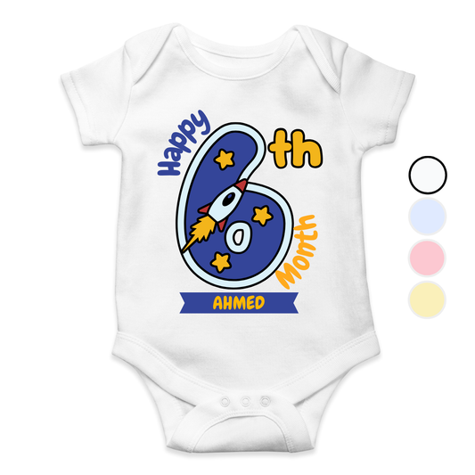 6th Month Milestone Blue Rocket| Custom Name Baby Romper